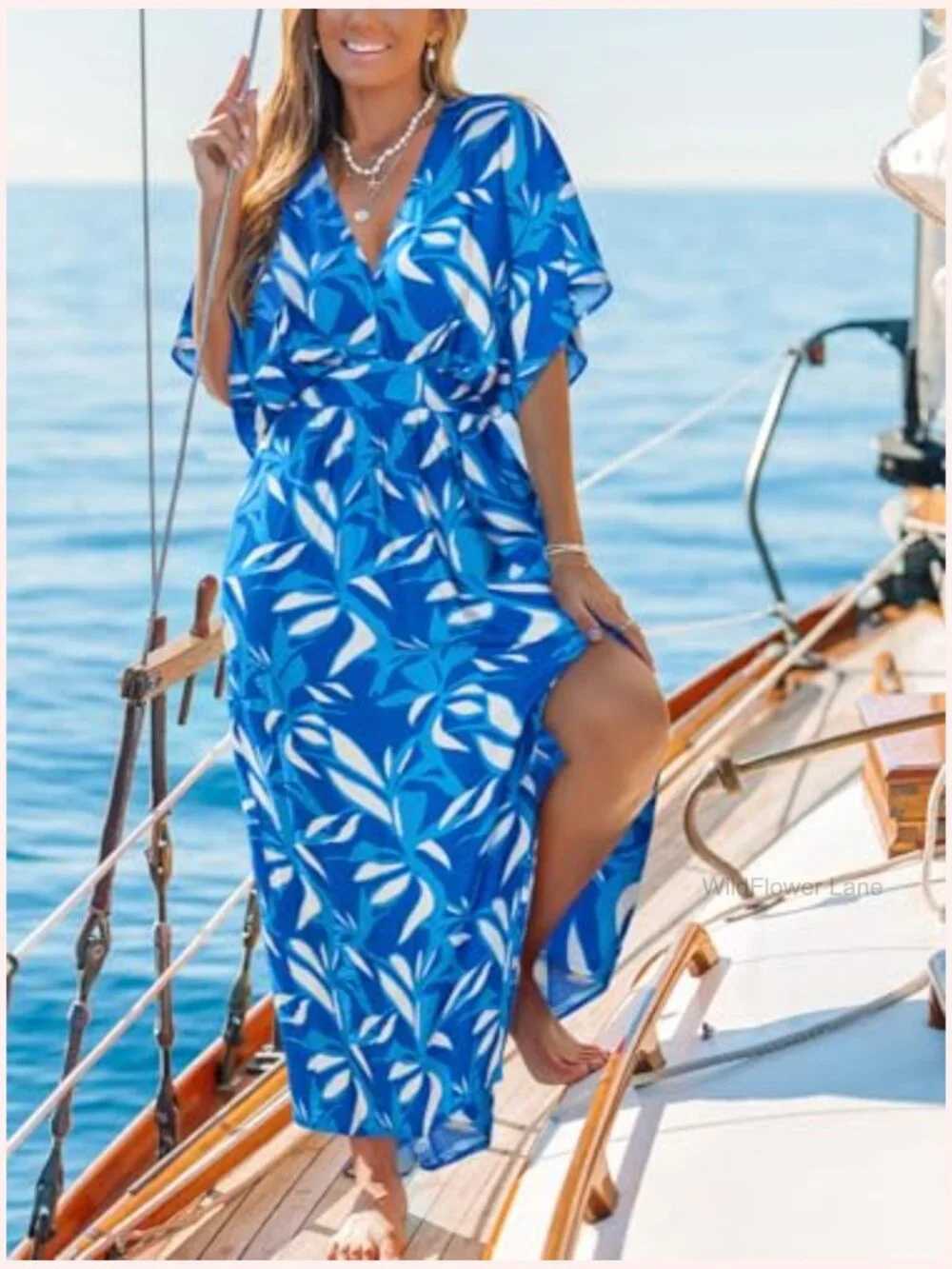 Bohemian Maxi Dress V Neck Smocked Empire Waist Slit Flowy Dress with Pockets - Picture 5 of 6